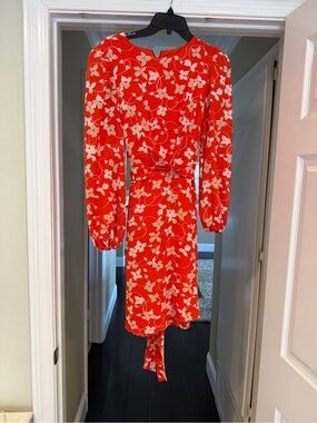 Eliza J Red and White Floral Long-Sleeve Tie-Back Dress